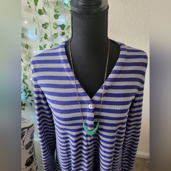 LOGO by Lori Goldstein Waffle Knit Striped Lace Hem Button Down Tunic Top - Picture 2 of 6